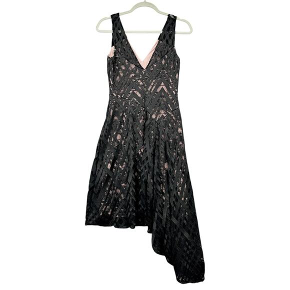 Aidan Mattox Black Lace V-neck Asymmetric Hem Sleeveless Whimsigoth Dress US 2 - Picture 2 of 9